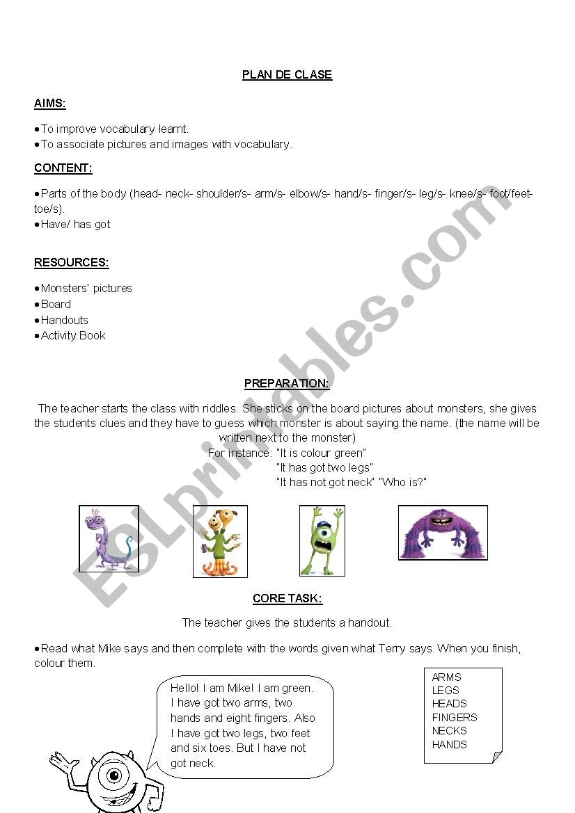 monsters parts of the body worksheet