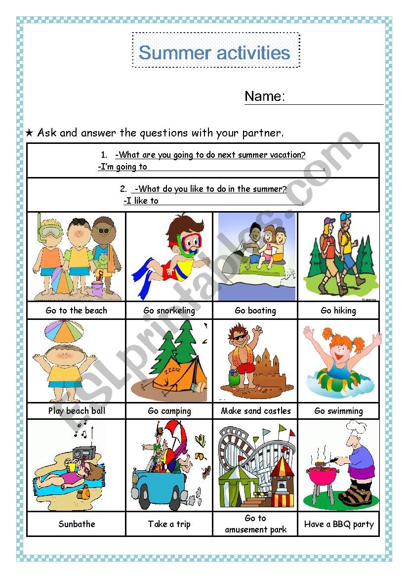 Summer activities worksheet