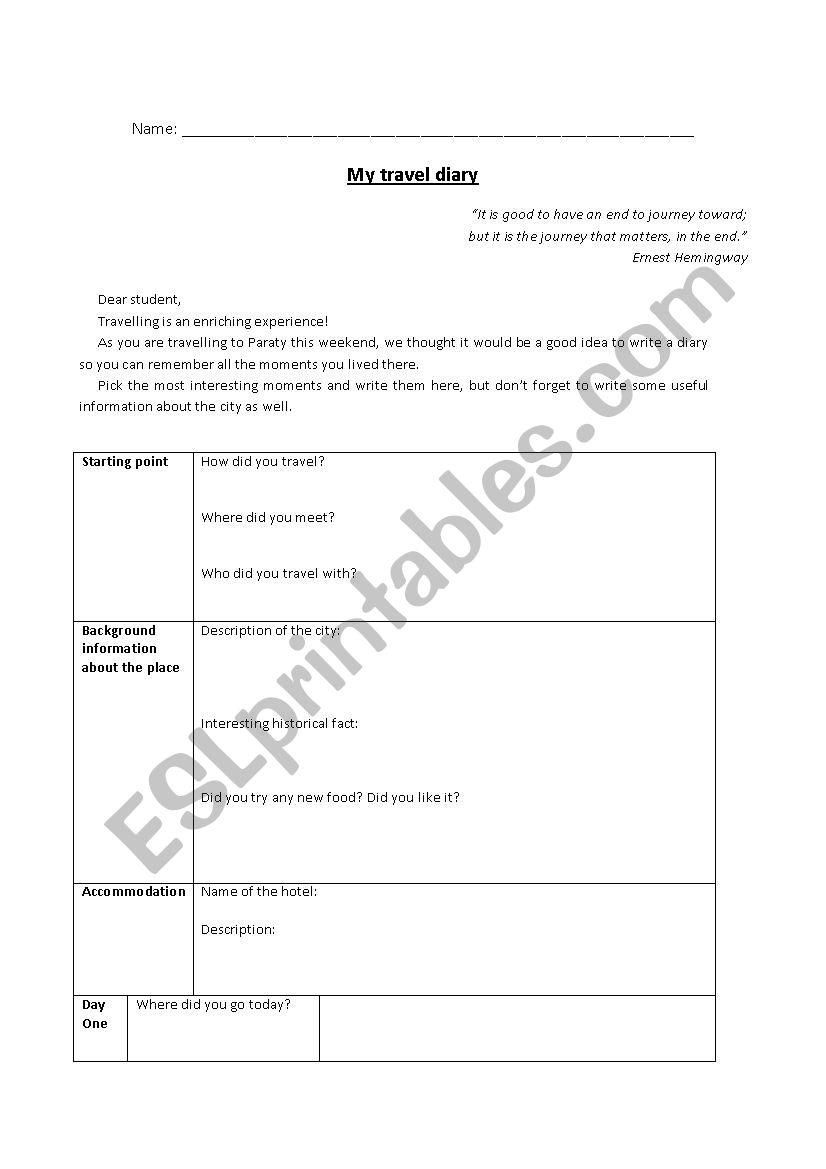 travel diary template worksheet