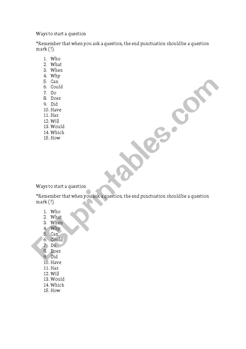 Ways to Start a Question worksheet