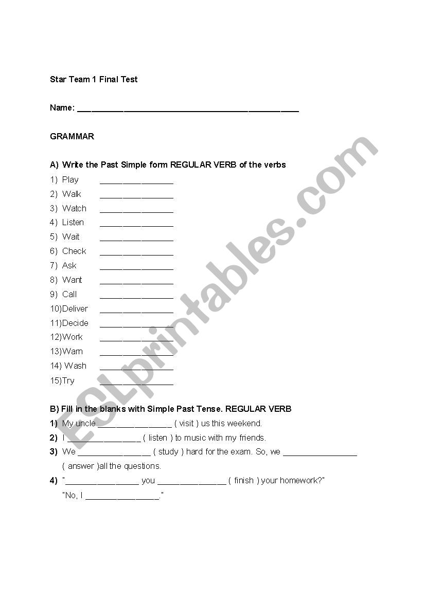 Star Team 1 Test worksheet