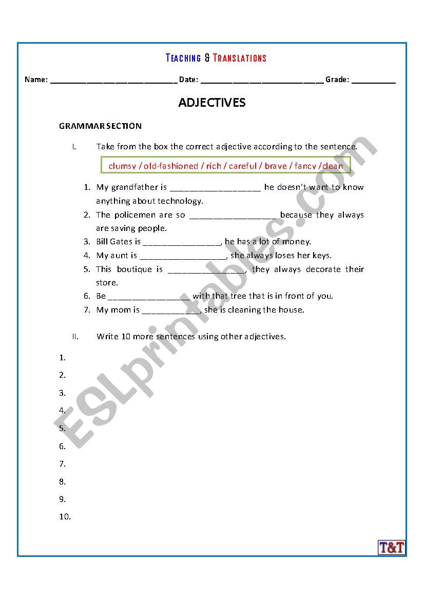 Adjectives worksheet