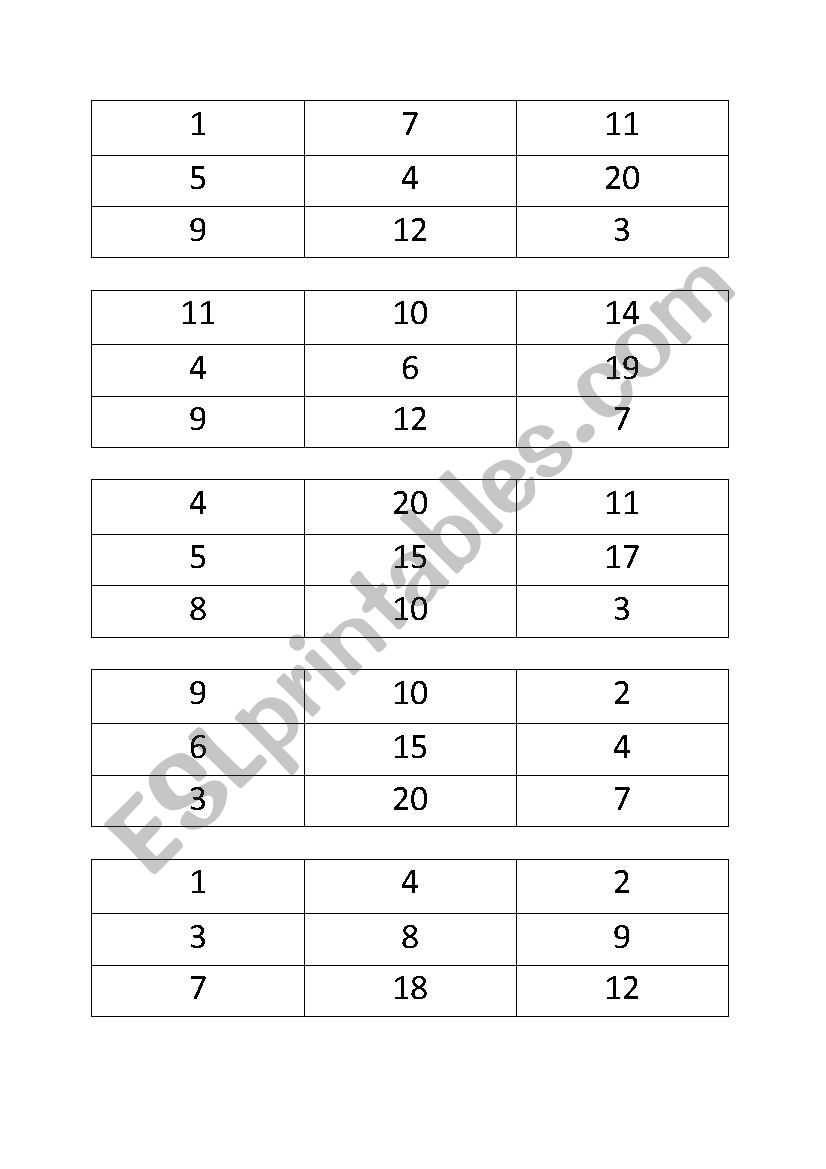 Numbers 1-20 Bingo set (40 Different bingo cards and 1-20) - ESL ...