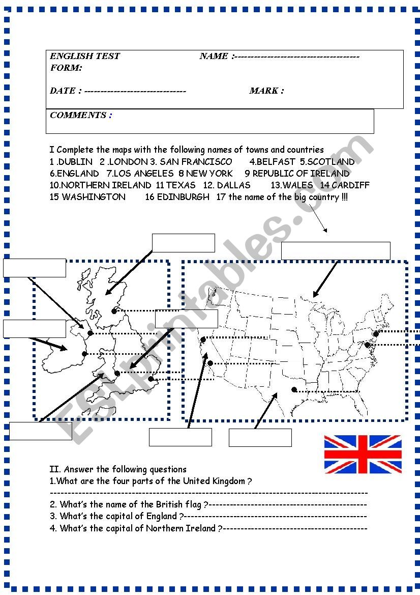 English speaking world :test worksheet