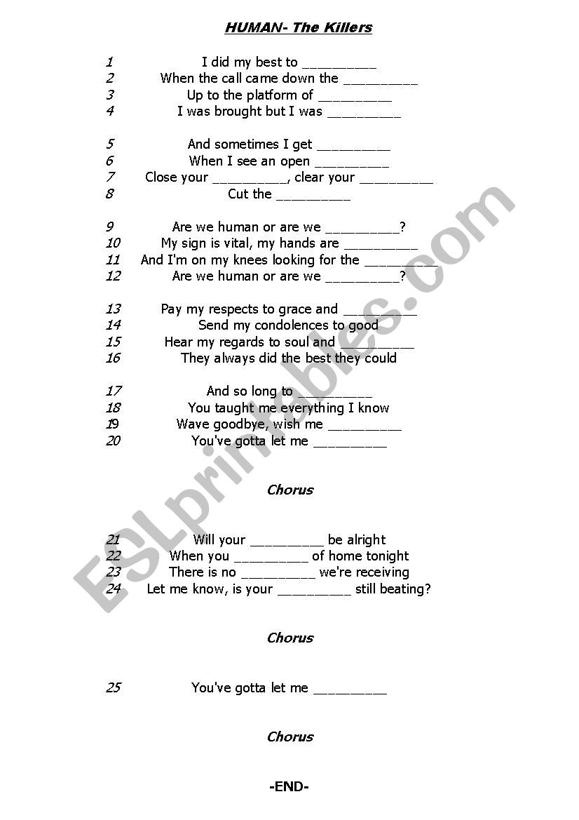 Music: The Killers- Human worksheet