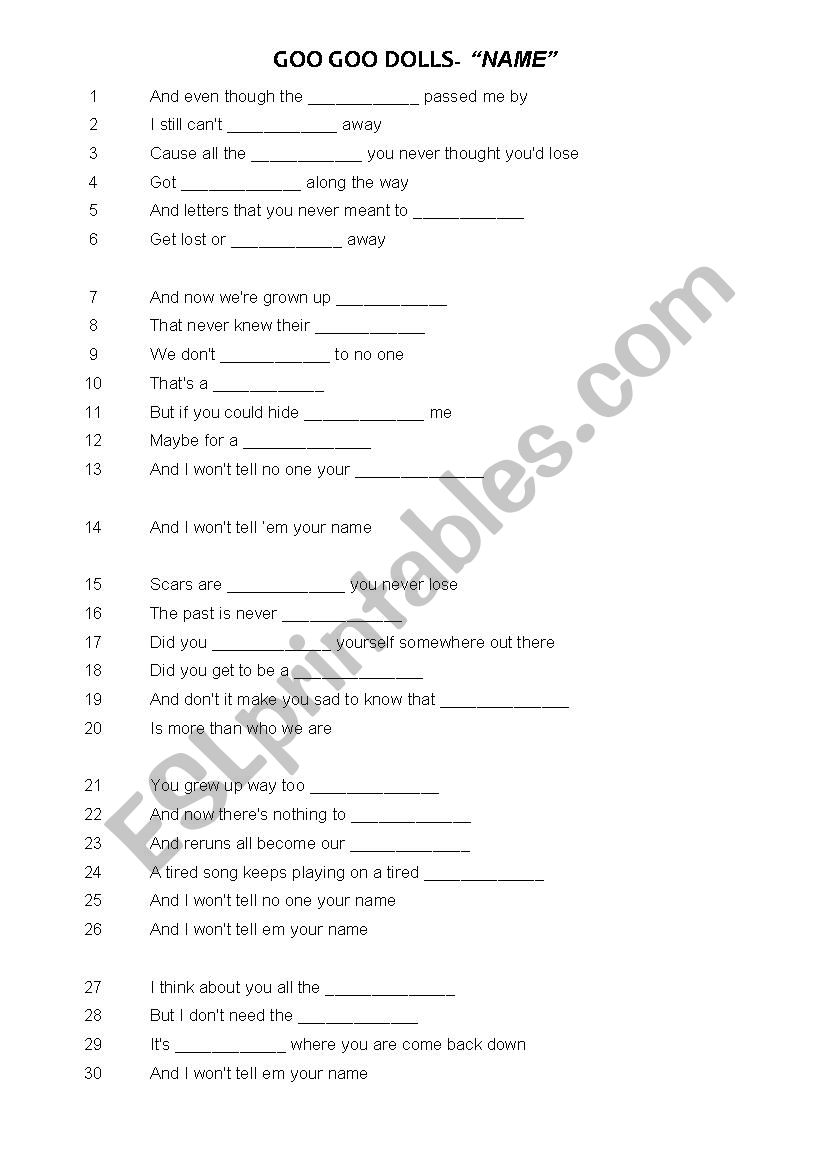 Music: Goo Goo Dolls- Name worksheet