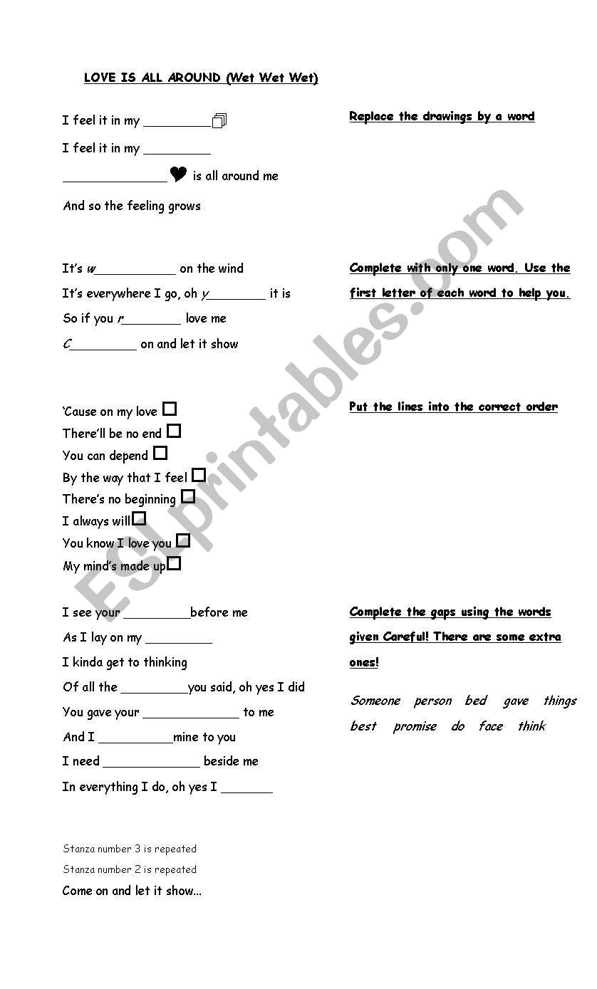 LOVE IS ALL AROIND (SONG) worksheet