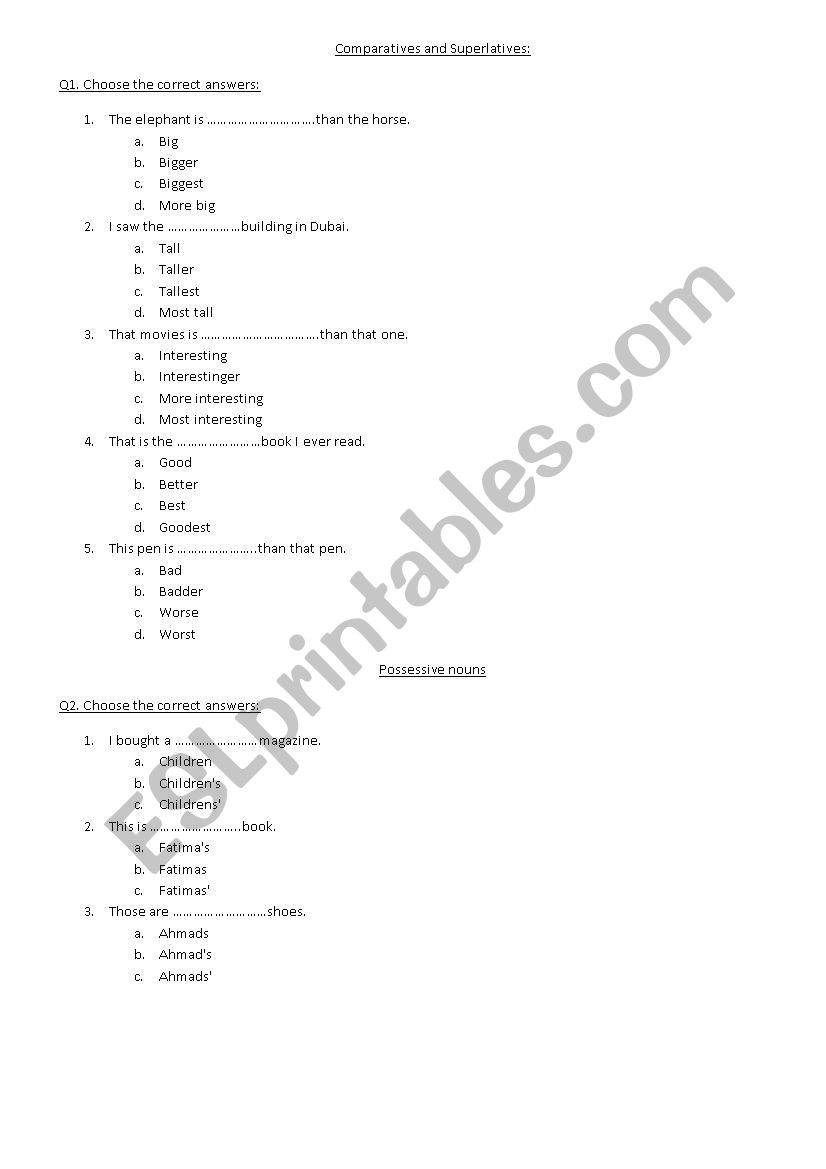 Comparative and Superlative worksheet