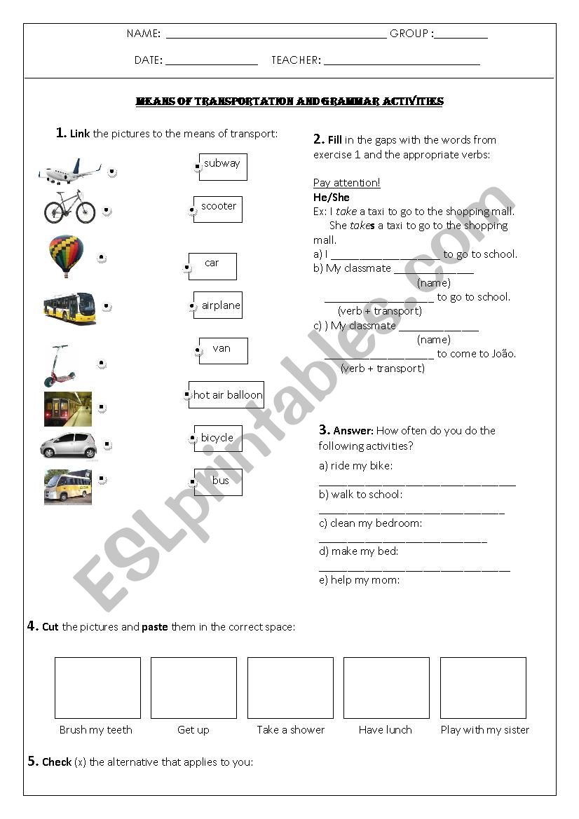 Means of transportation and grammar activities