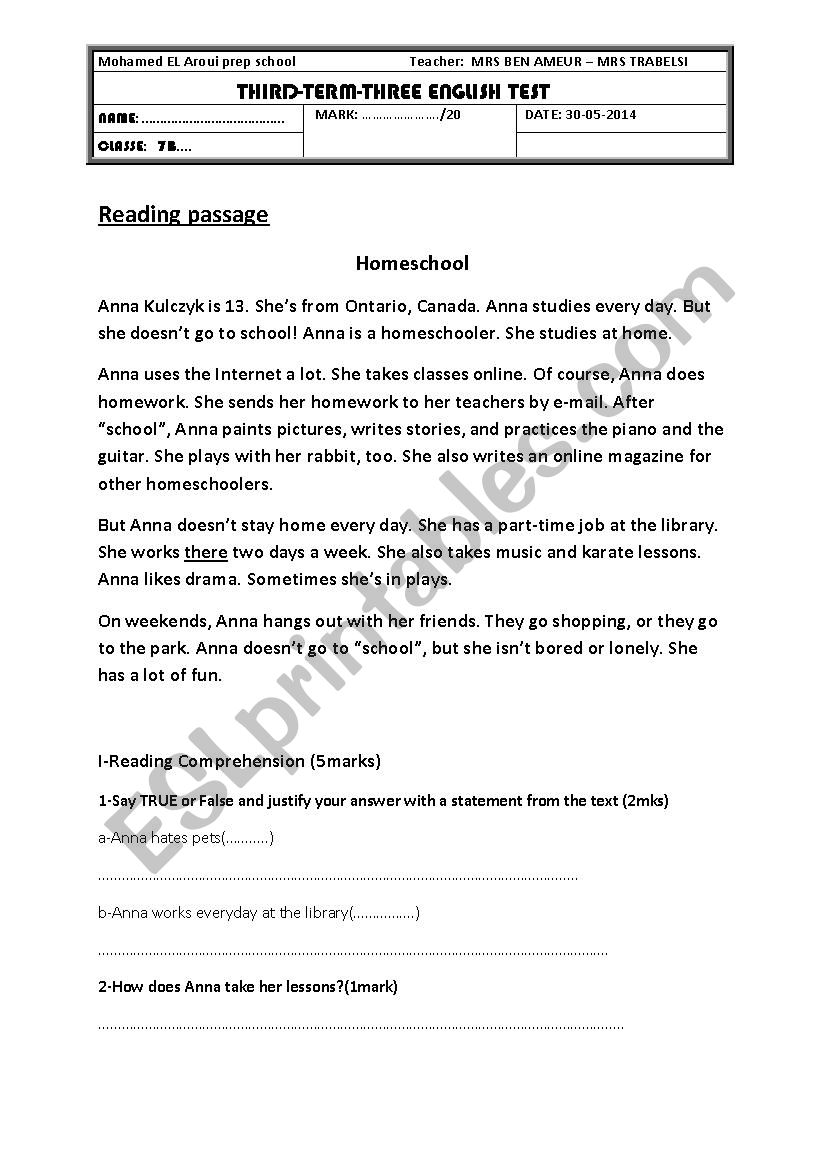 7th form test worksheet