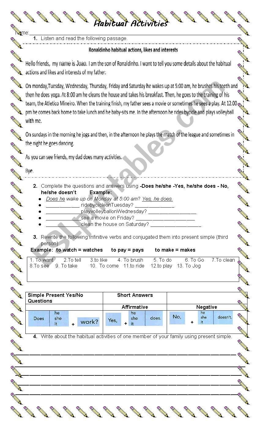 Habitual activities worksheet