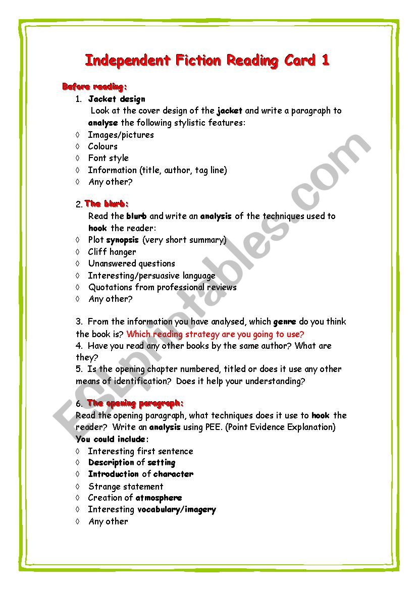 Set of Independent Reading Worksheets