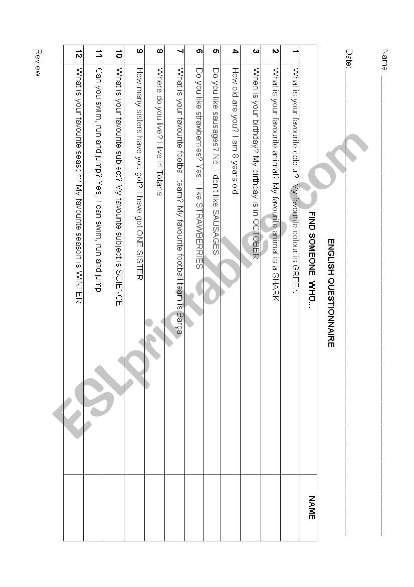ENGLISH QUESTIONNAIRE worksheet