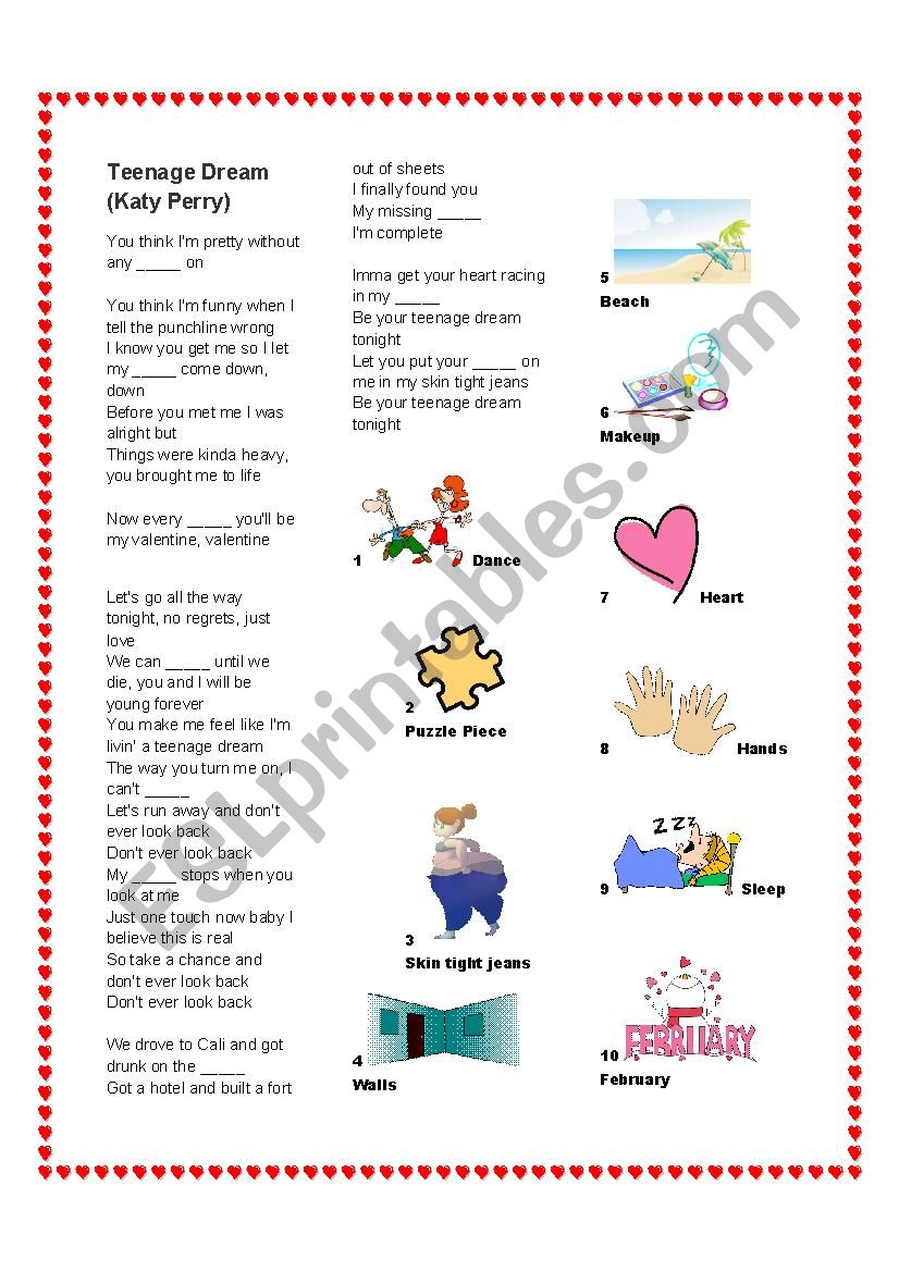 Song Teenage Dream worksheet