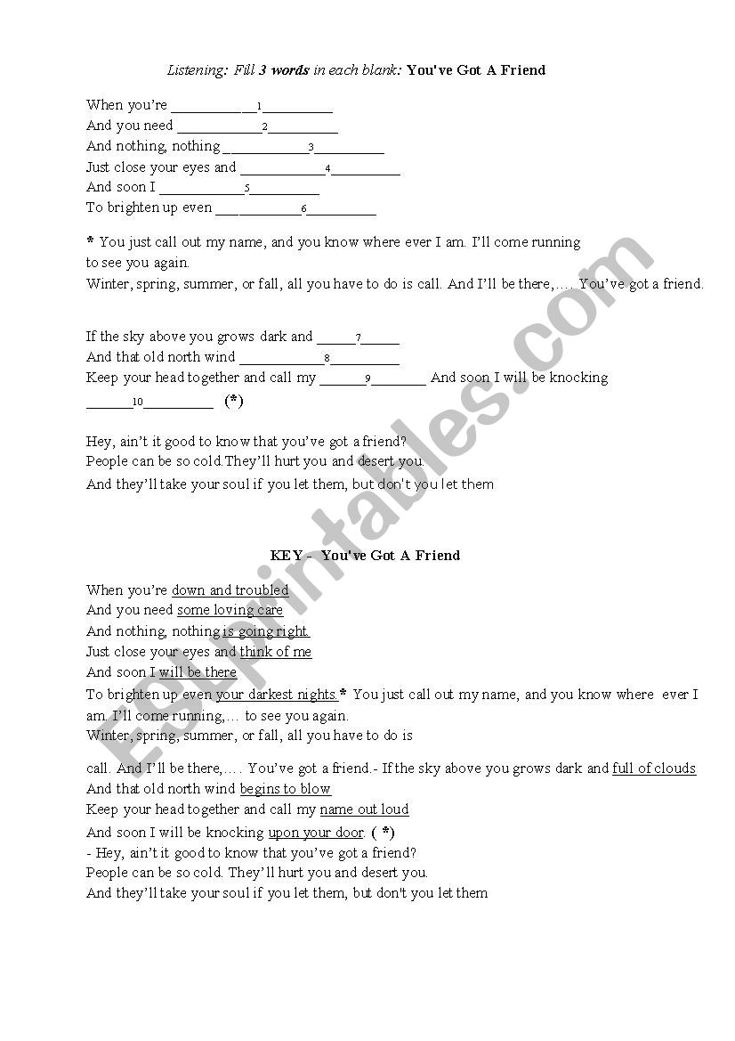 Worksheets with songs worksheet