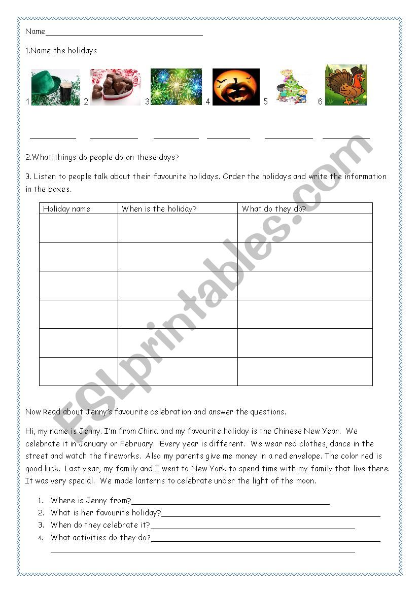 Holidays and Celebrations worksheet