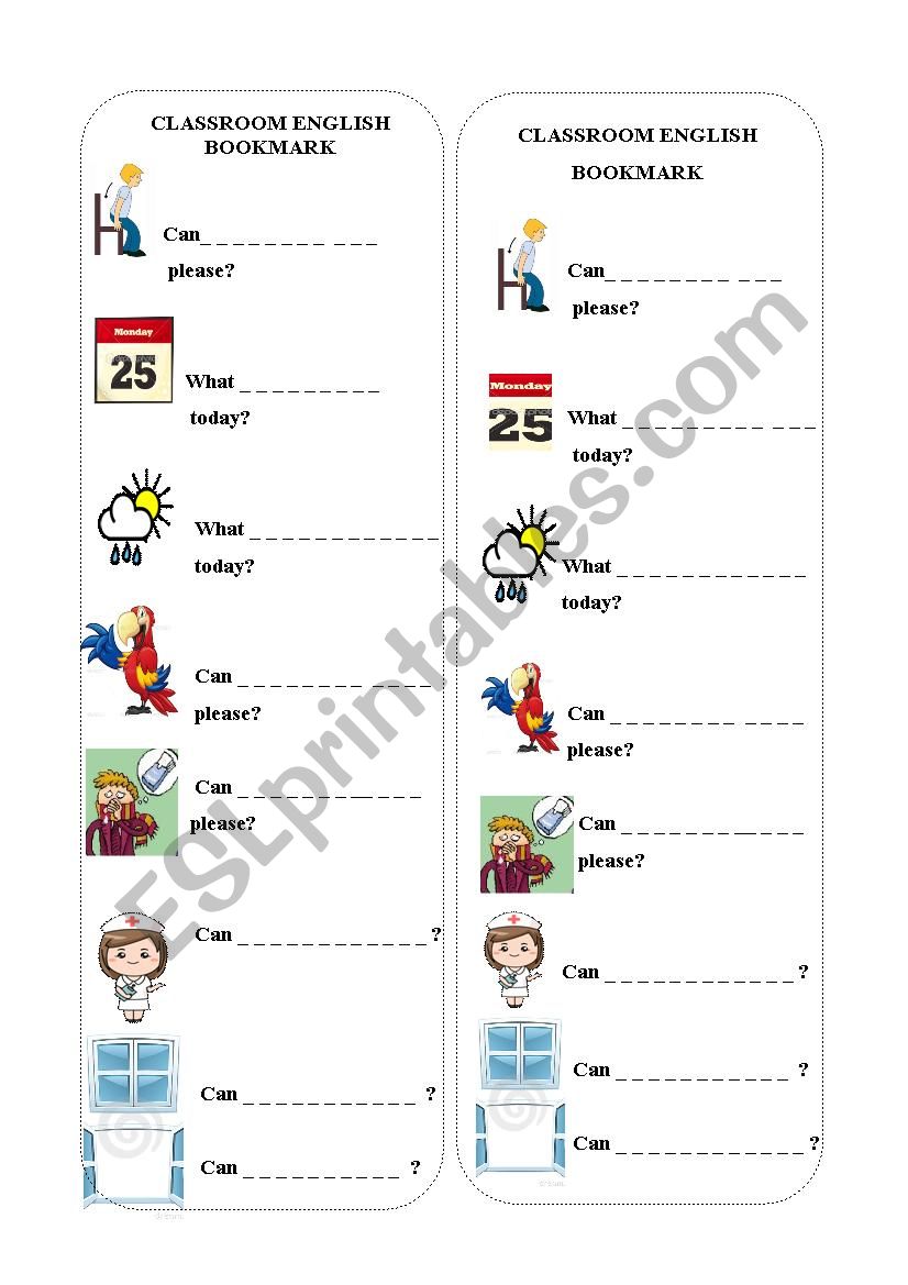 CLASSROOM ENGLISH BOOKMARK worksheet