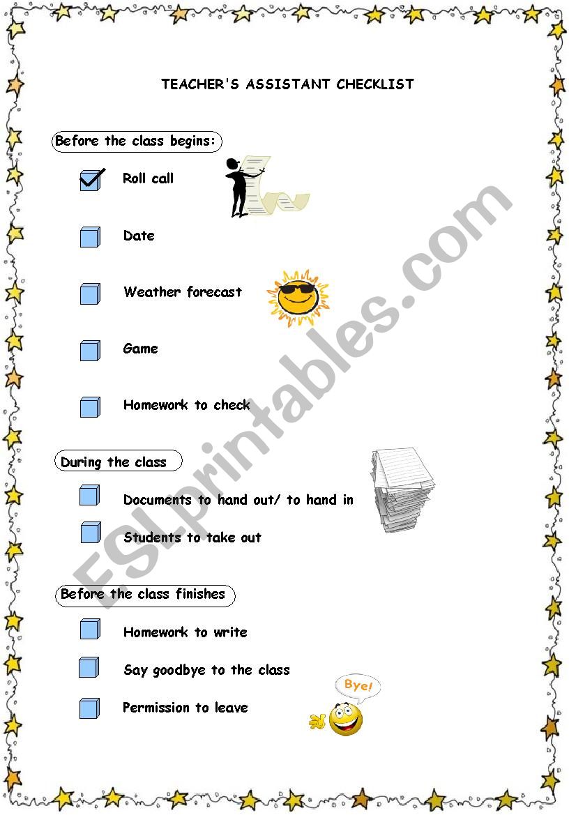 TEACHER ASSISTANT CHECKLIST worksheet