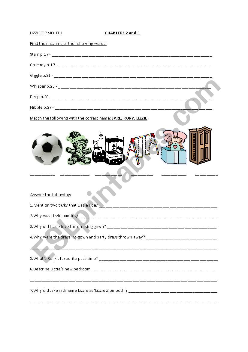 LIZZIE ZIPMOUTH CHAPTERS 2&3 worksheet