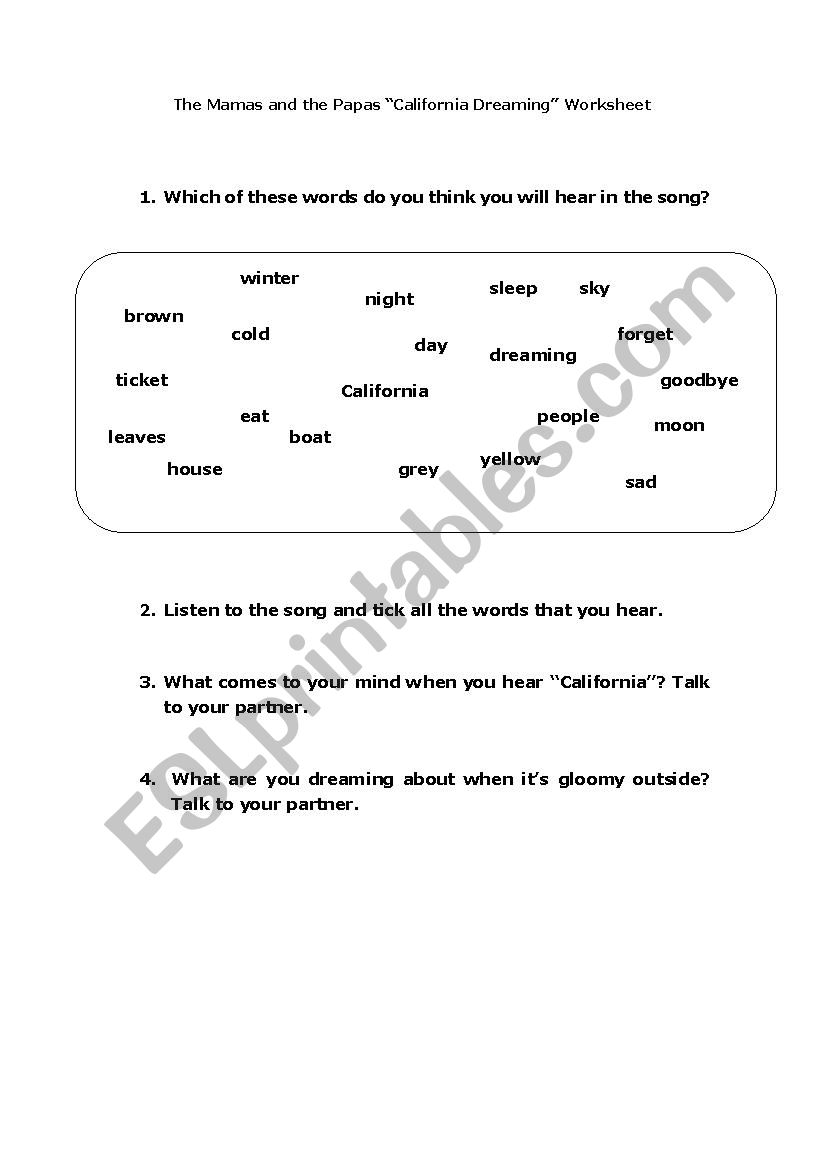 California Dreaming Song Worksheet