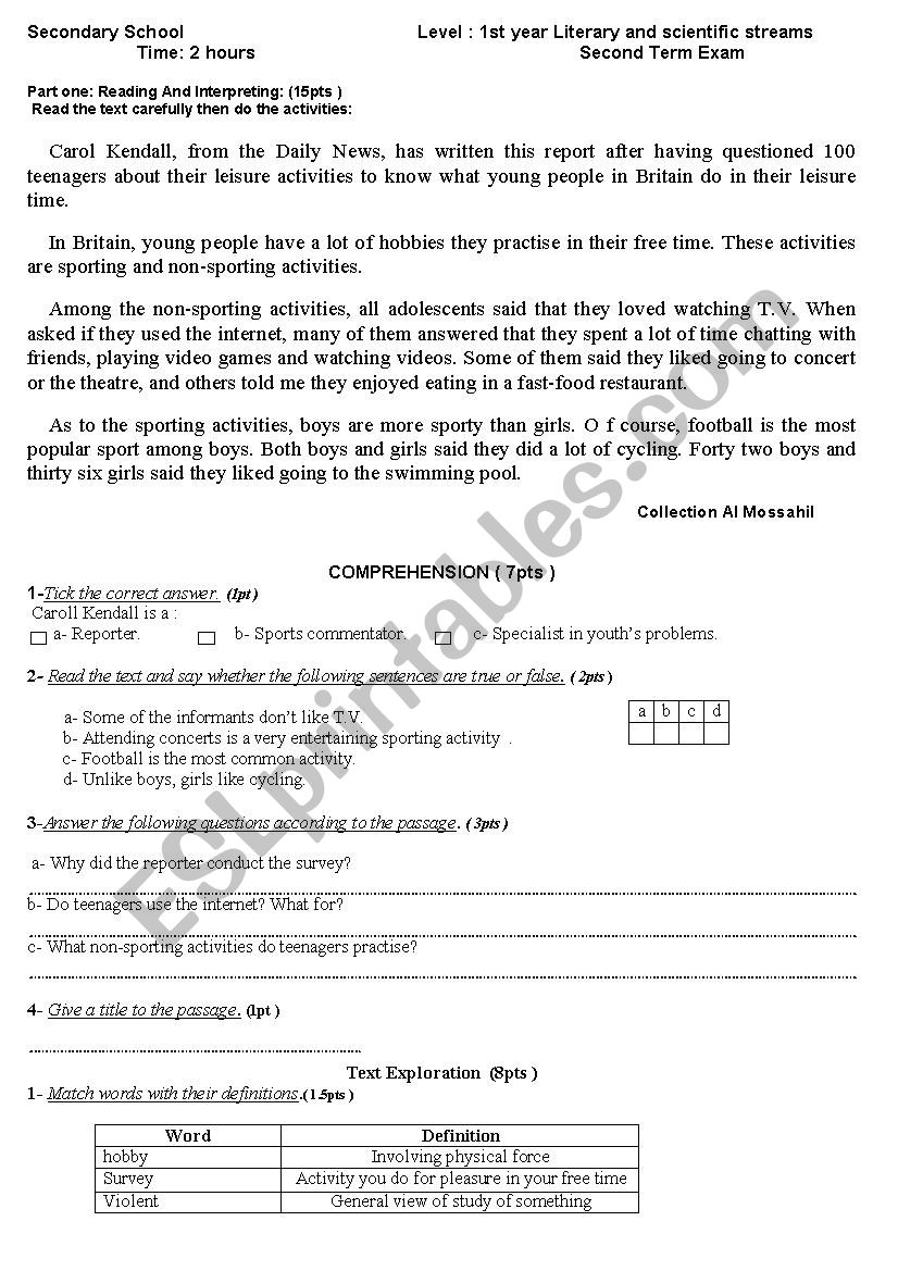 Test 1st year lit worksheet