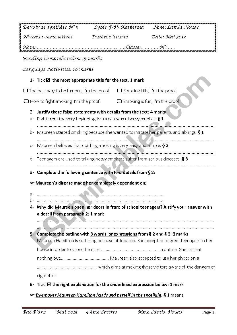 exam for bac learners worksheet