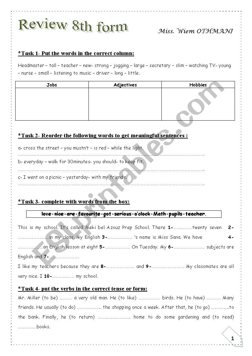 8th form review worksheet