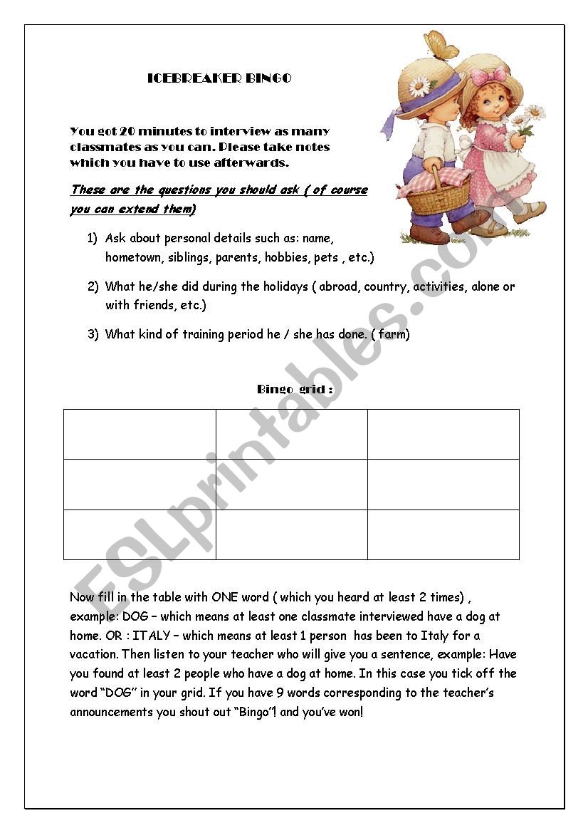 Icebreaker : Bingo game worksheet