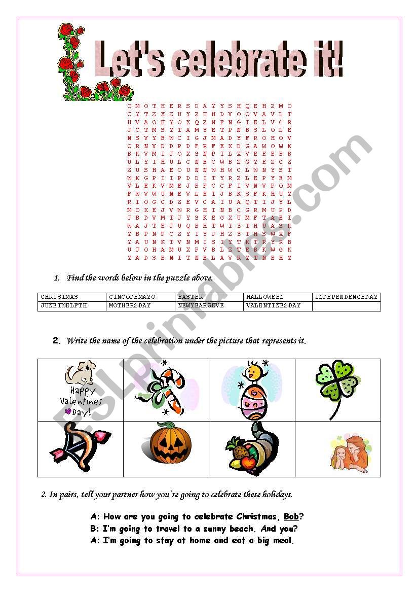 Celebrations wordsearch worksheet