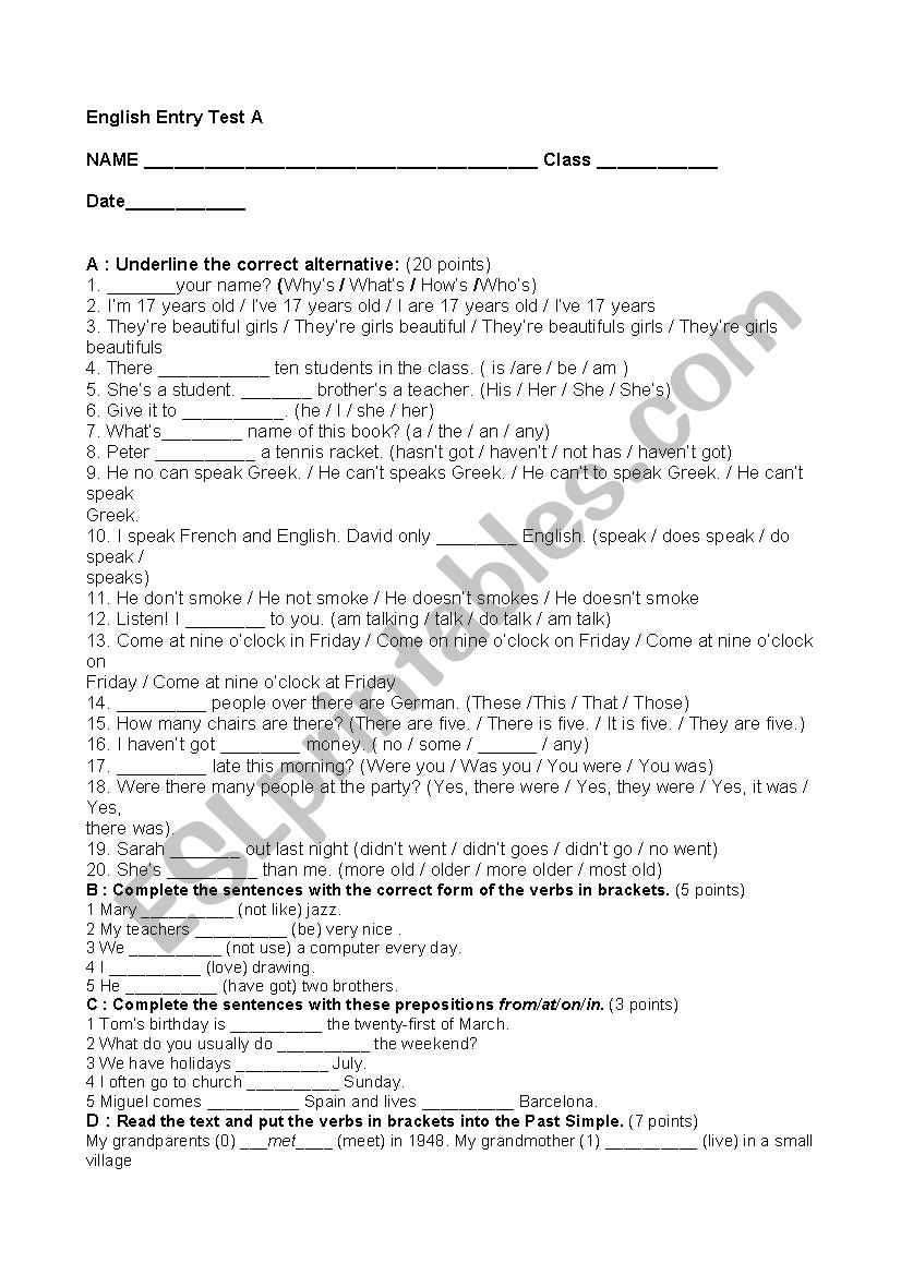 ENTRY TEST worksheet