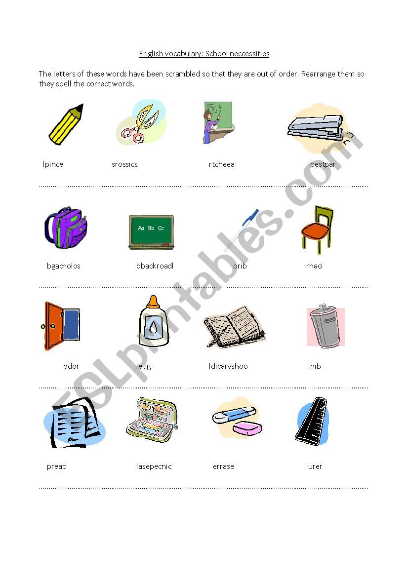 school necessities worksheet