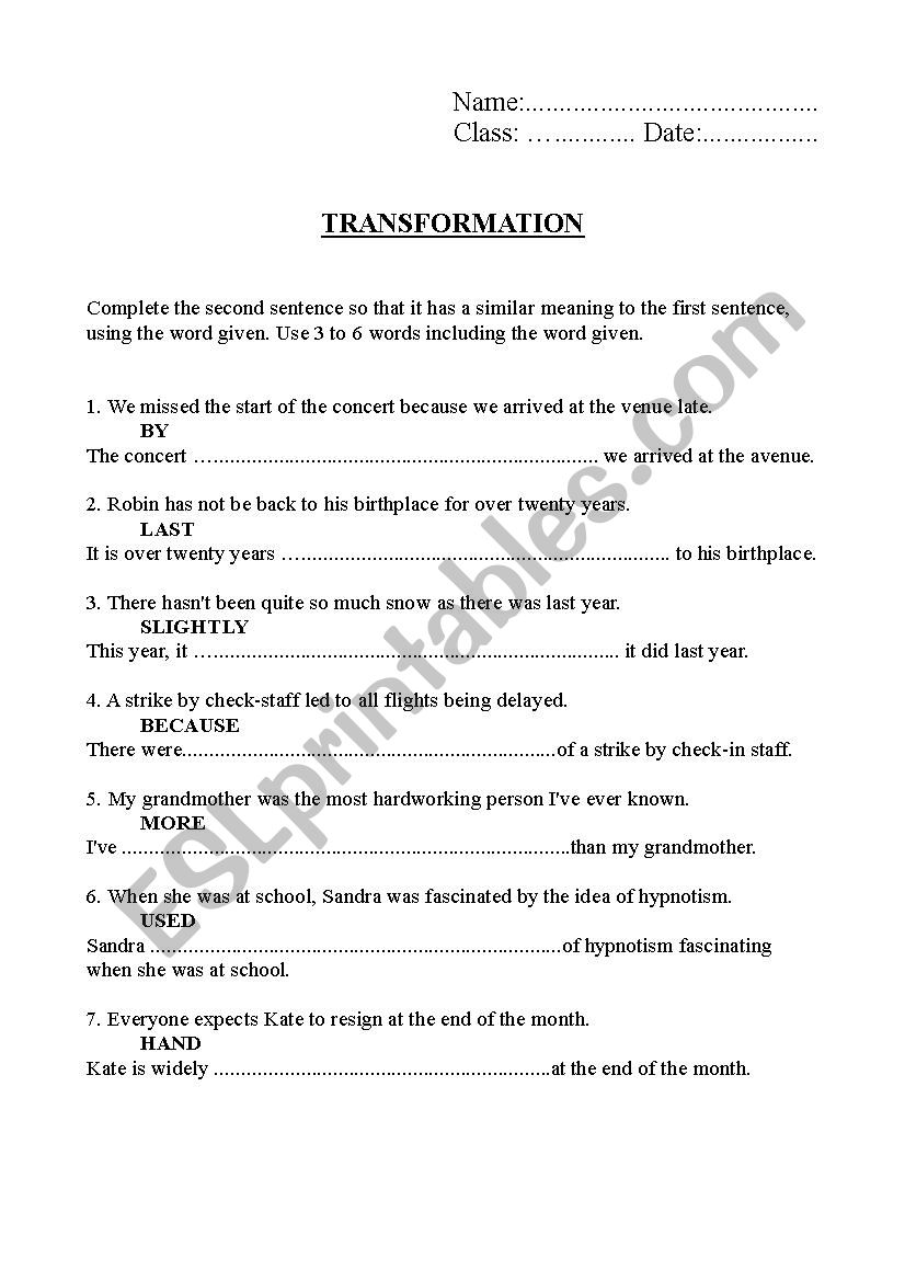 Transformation worksheet