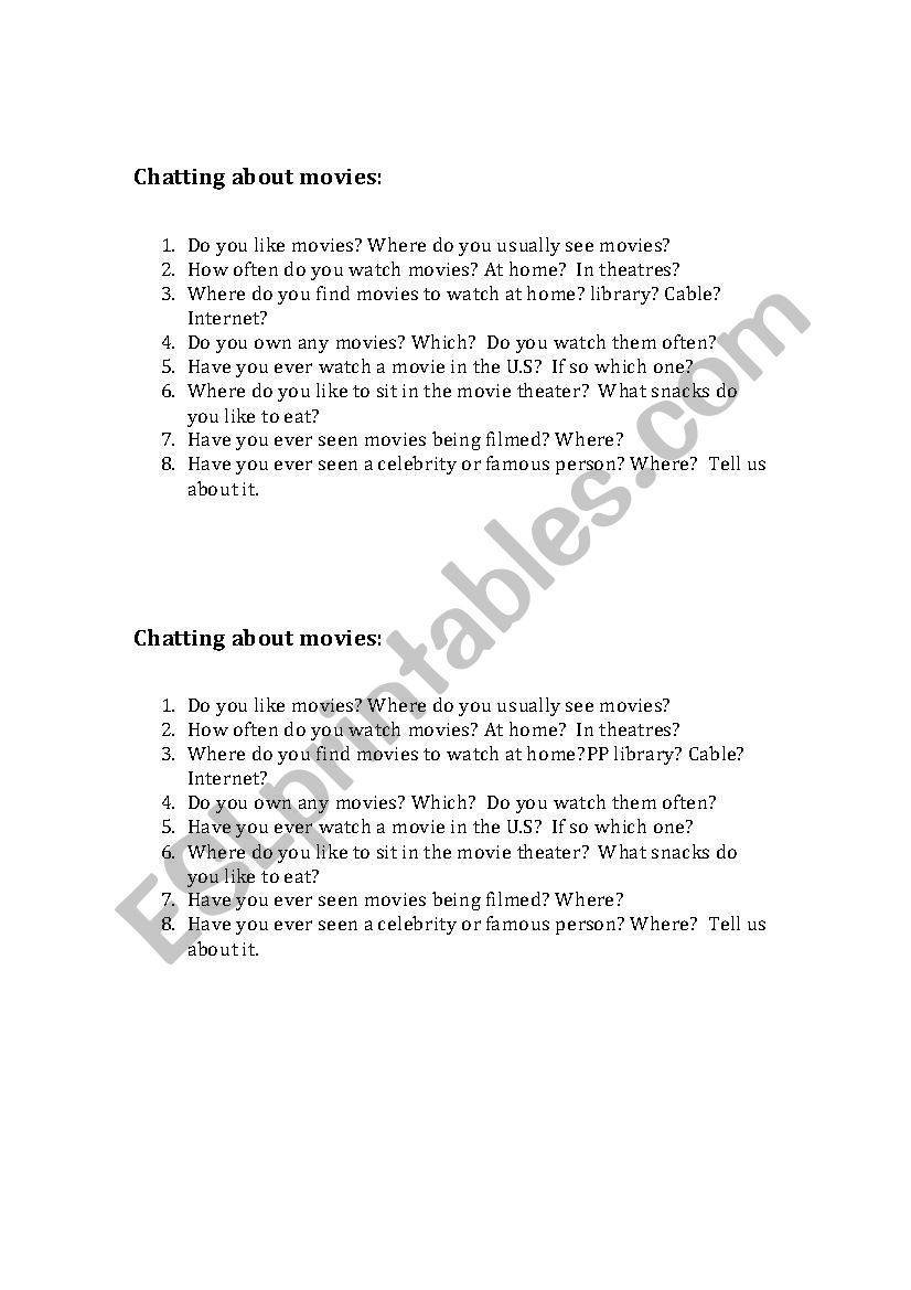 chatting about movies worksheet