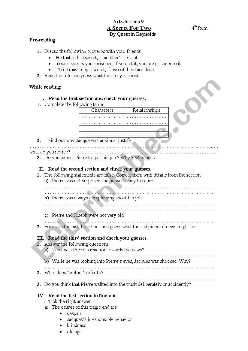  short story A secret for two ( worksheet)