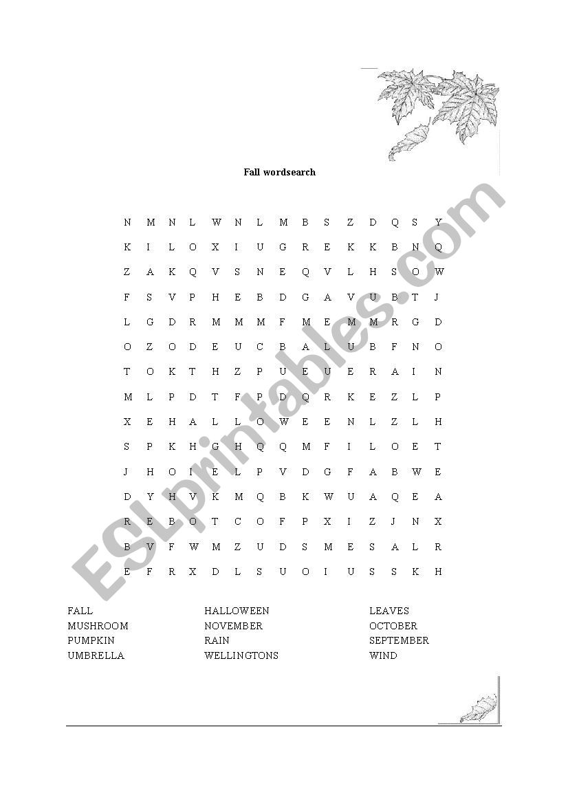 Fall wordsearch worksheet