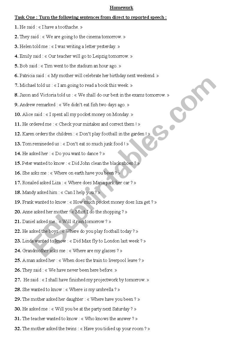 reported speech worksheet