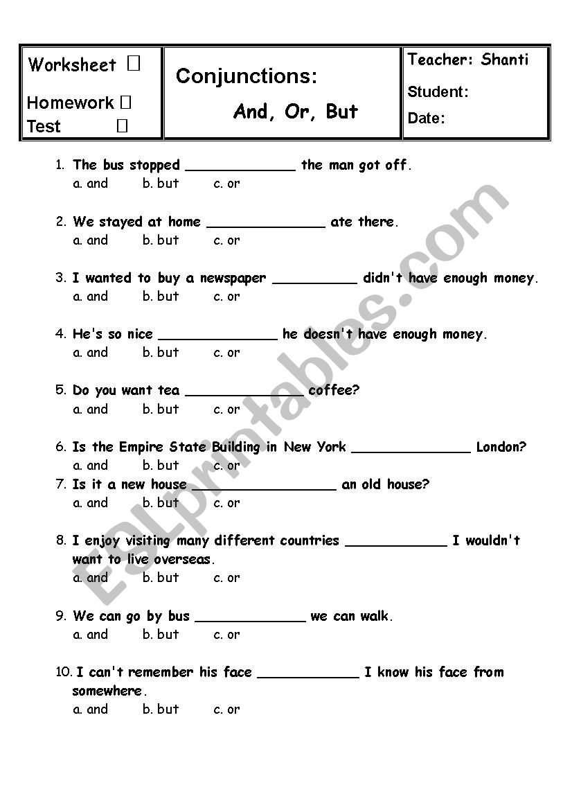 And Or But Yet Conjunctions Worksheets