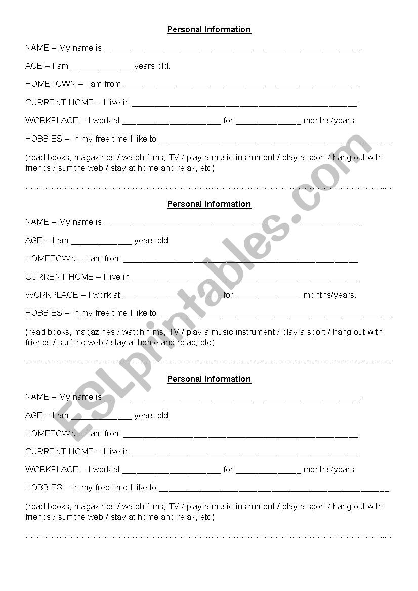 personal information worksheet