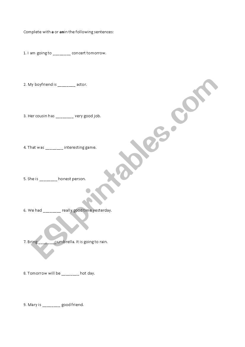 indefinite article a or an worksheet