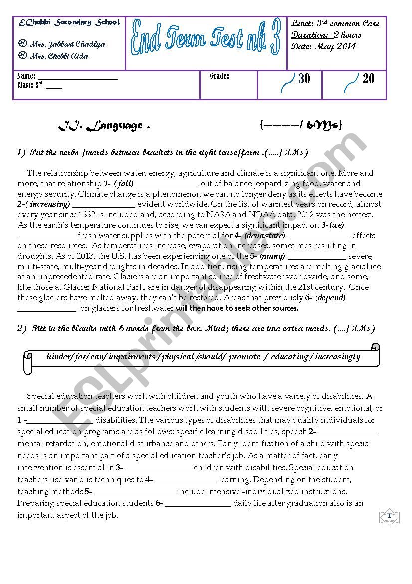 3rd year End term TestNb3  worksheet