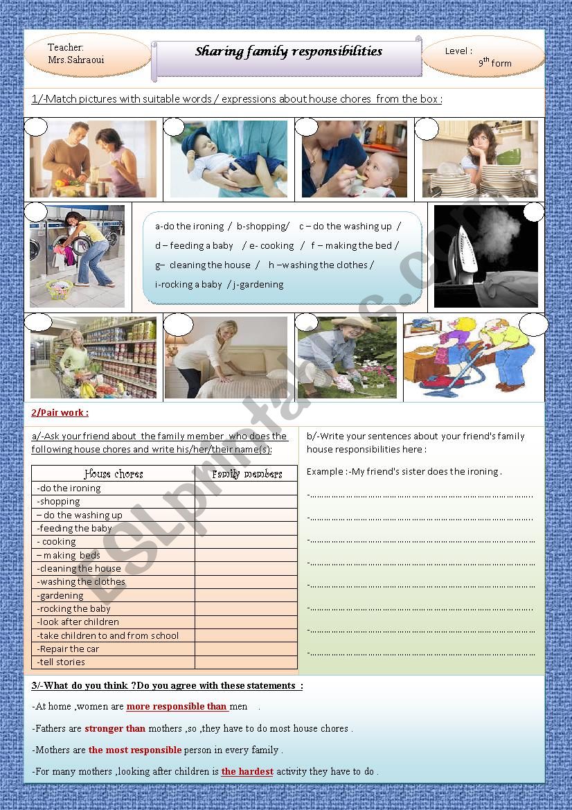 sharing family responsibilities 9th form