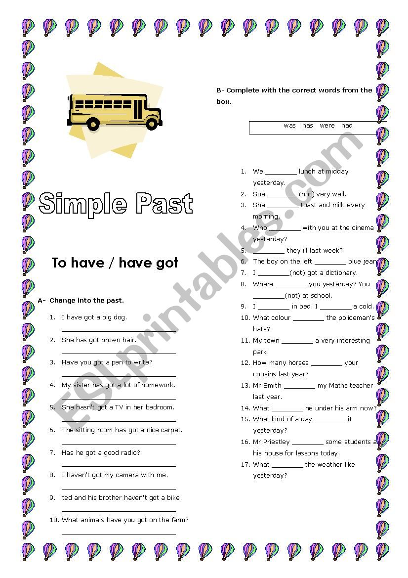 Simple Past has/have got worksheet