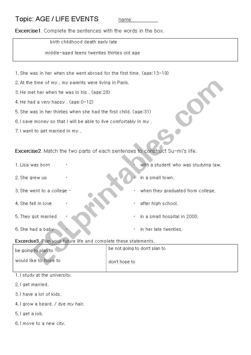 age / life events worksheet