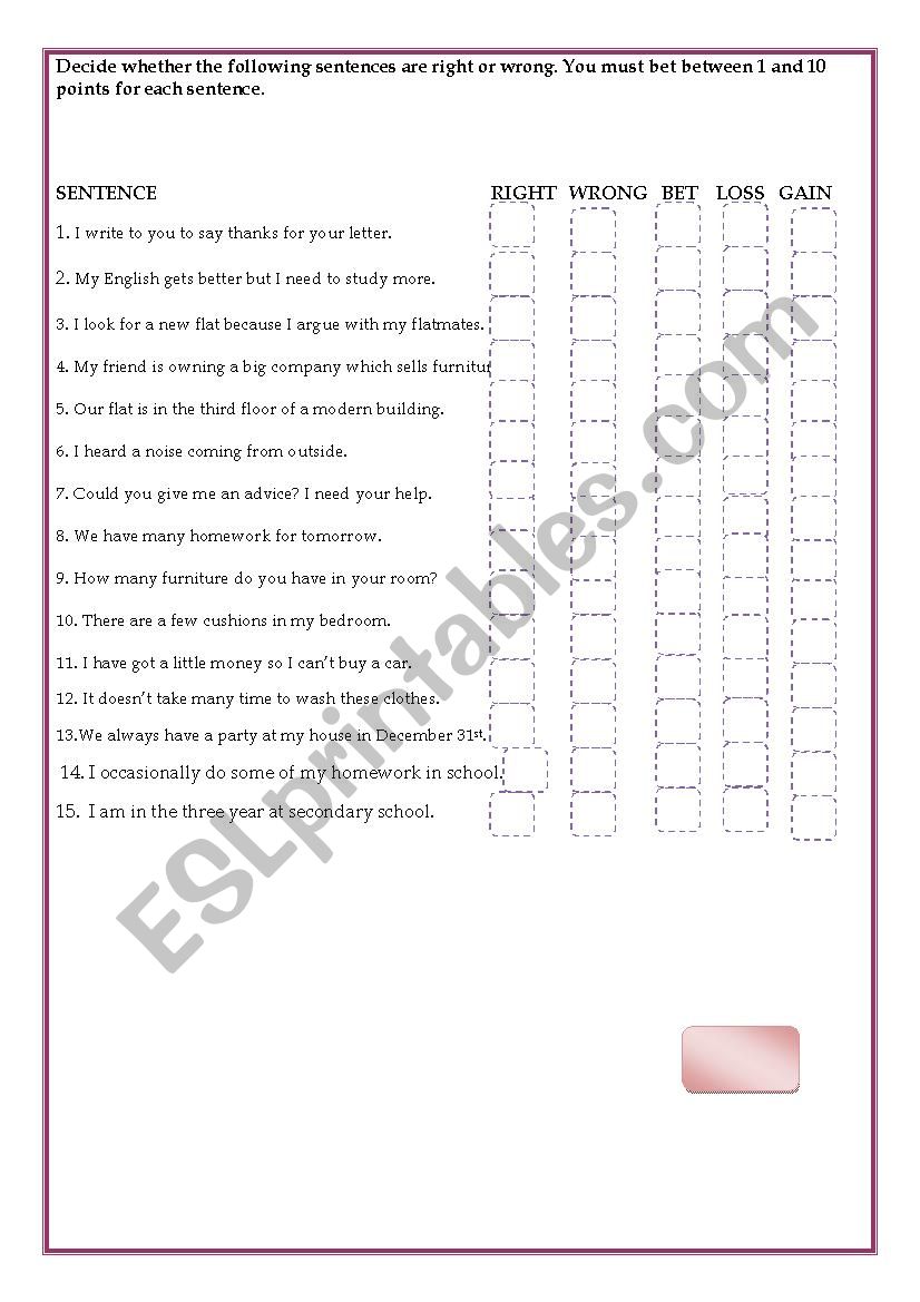 Betting Game Grammar worksheet