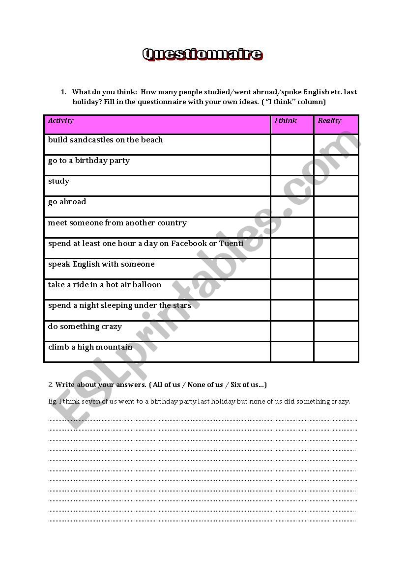 After summer activity worksheet