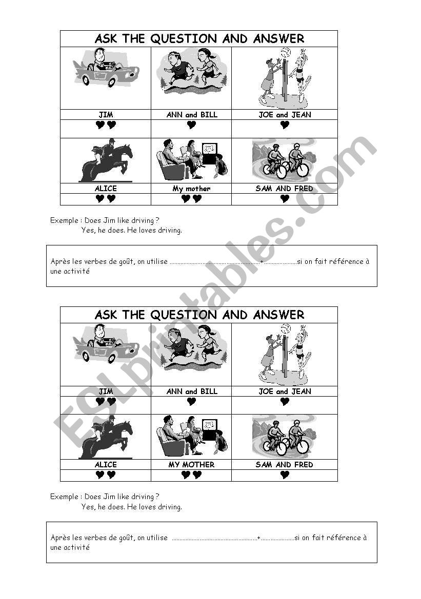 likes/dislikes+gerund worksheet