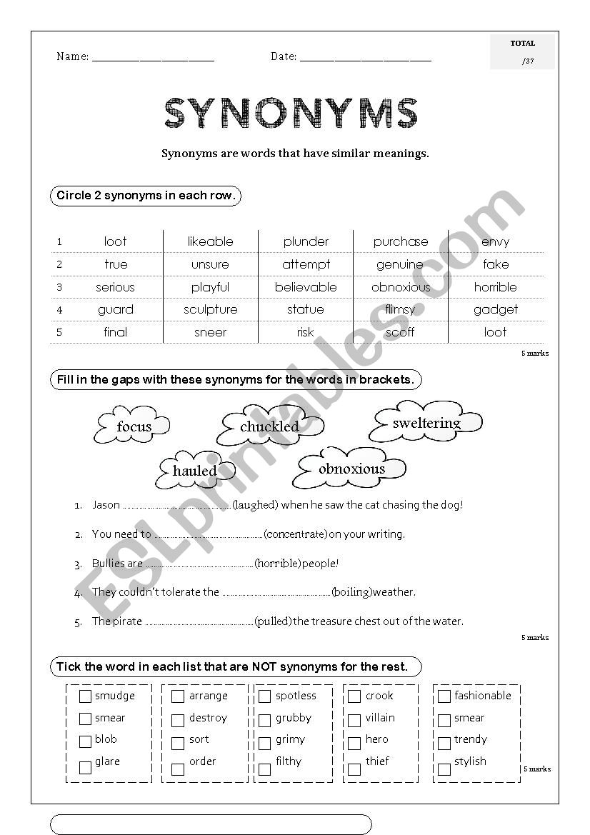 Synonyms worksheet