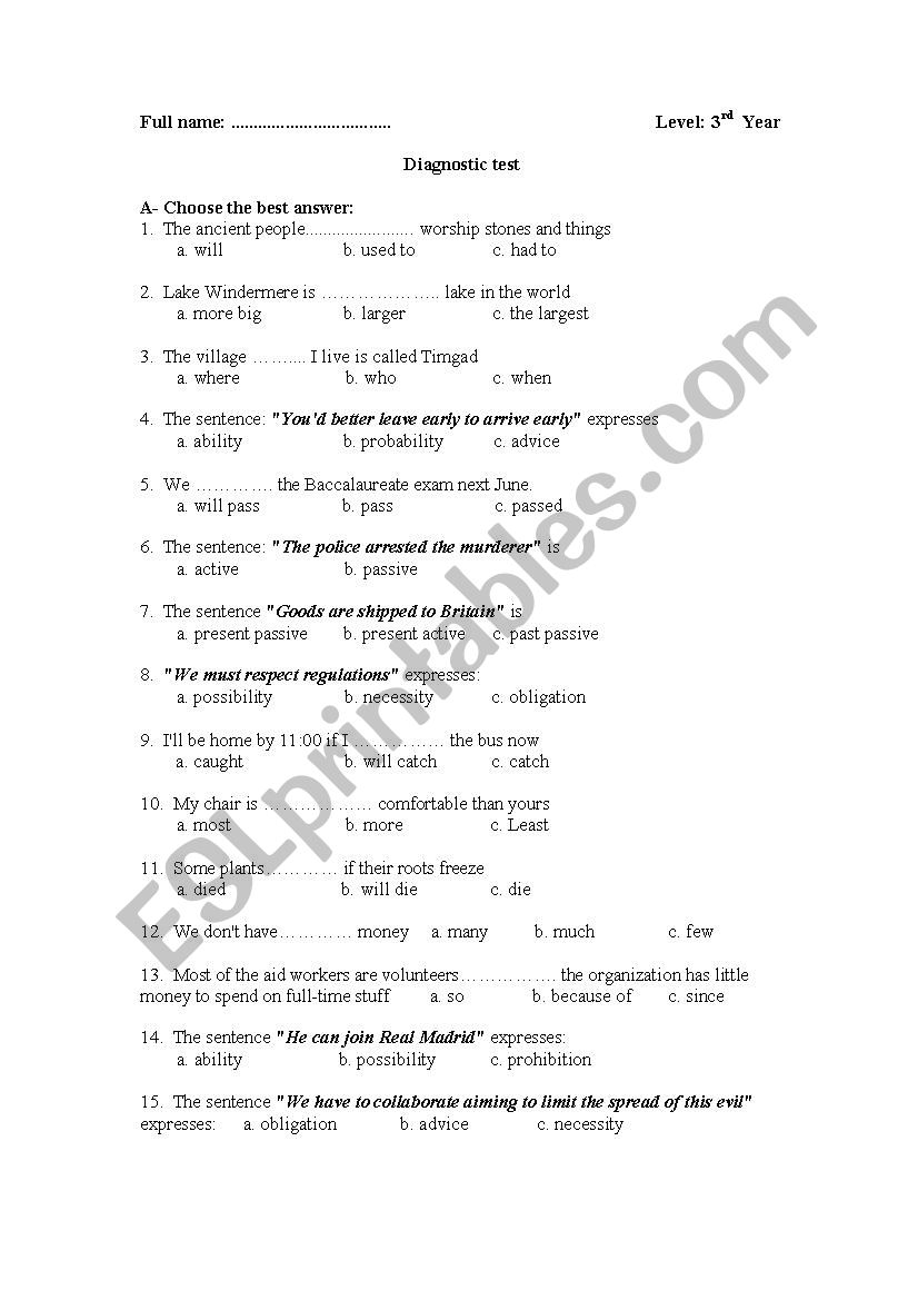 Diagnostic test worksheet