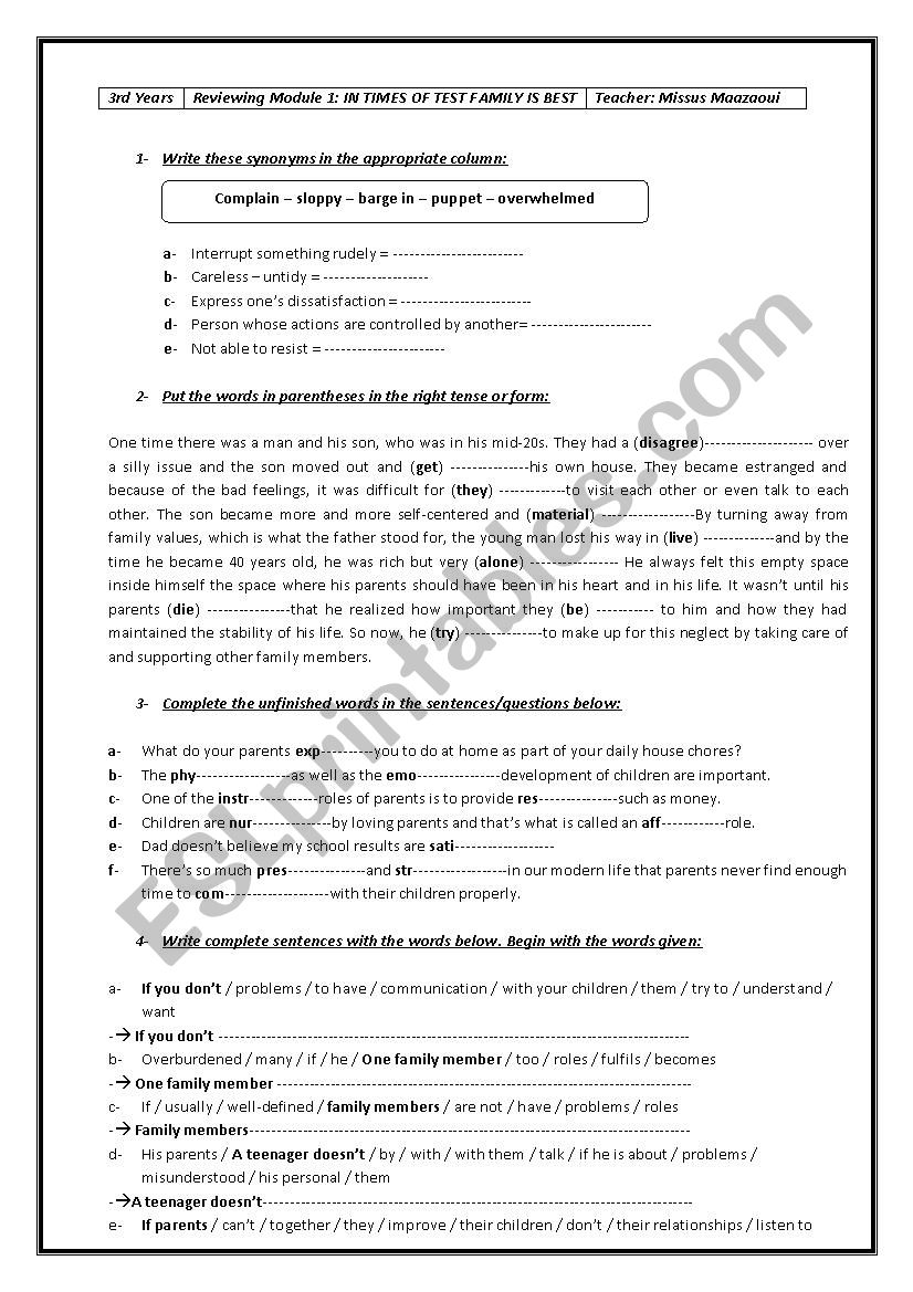 3rd years review unit 1 worksheet