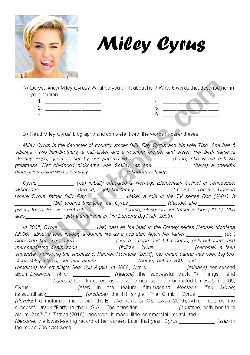 Miley CyrusÂ´ Biography + Wrecking Ball Song Worksheet